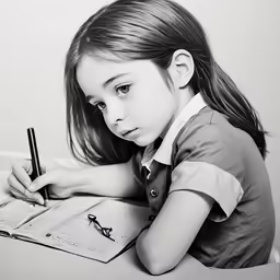 the girl is doing something with a pencil
