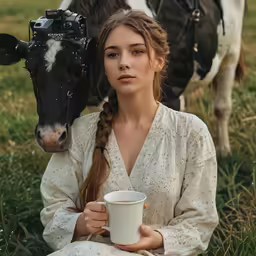 a woman is sitting with a cow while holding a cup