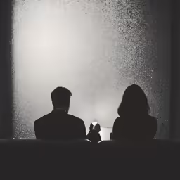 couple on couch sitting against window with light coming from behind
