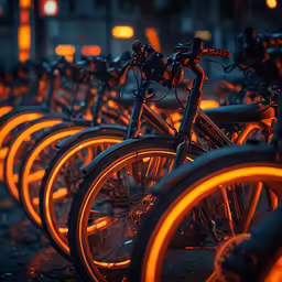 a row of bicycles with their light wheels on