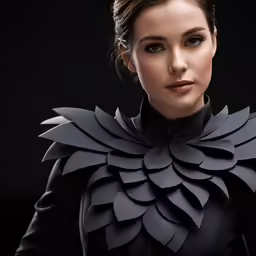 a model with black leather outfit that has been folded around the collar