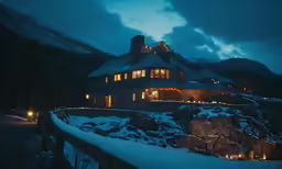 a night view of a house lit up and on with a mountain behind