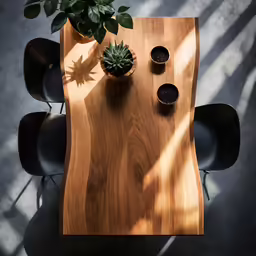 a table topped with a potted plant sitting next to two chairs