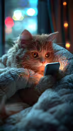 a cat laying on top of a blanket near a window,a cat laying on a bed in front of a tablet