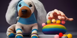 a small stuffed dog is in front of a rainbow toy