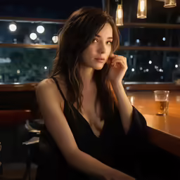 the woman in a black dress is sitting at a table with a glass