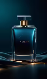 a blue perfume bottle in an illuminated room