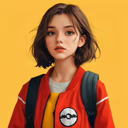 young girl in an orange bomber jacket with black backpack