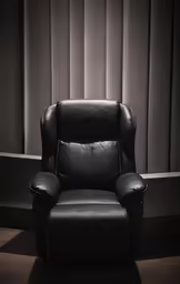 a black chair sitting in front of curtains with a brown ottoman