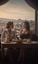two woman sitting at a table eating and drinking together