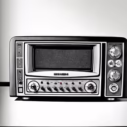a microwave oven sits on the counter and it appears to be black and white