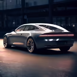 a silver car on a dark street at night