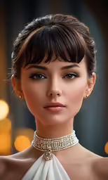an elegant, young woman with an updo wearing an extravagant necklace
