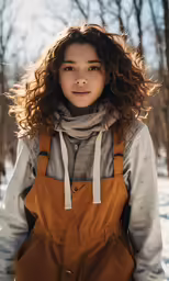 a woman wearing a pair of brown leather bib