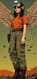 a poster with an art image of a woman dressed in military gear,a woman in military pants with wings and goggles