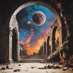 the full view from a large tunnel in an ancient city with columns