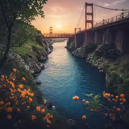 the sun sets over a bridge, surrounded by trees and water