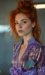 a woman with red hair poses for a photograph