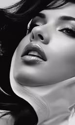 a woman with black hair and makeup is posed in a studio