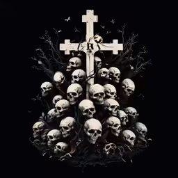 a cross and a lot of skulls