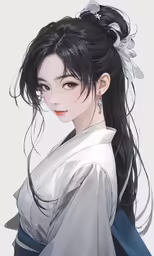 an anime woman with a ponytail wearing a white and blue outfit