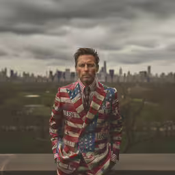 a man dressed up in an american flag suit,a man dressed as abraham lincoln sitting on a ledge with a city skyline