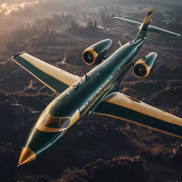 this green and yellow airplane is flying in the sky