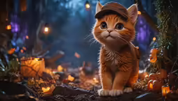 a cat in a hat sitting down with many lit up lights