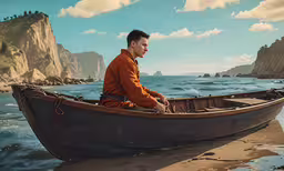 a man is in the middle of the ocean sitting in a boat,the man sits in the boat on the shore