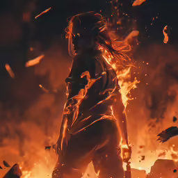 a woman is standing near fire with orange flames