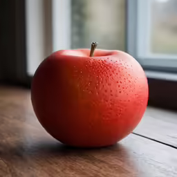 an apple sitting on top of a wooden table