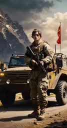 a man holding a rifle next to a military truck,a soldier holds a machine gun with an army truck in the background