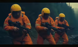 several people with yellow uniforms holding weapons
