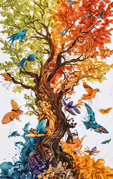 an artistically painted tree in fall leaves