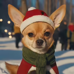 a chihuahua in a red santa hat and scarf