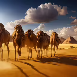 the group of camels are in the desert
