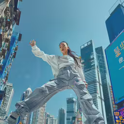 woman jumping up and down in a downtown setting,the woman poses in front of a view of buildings