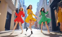 three girls dancing in front of the camera on a city street