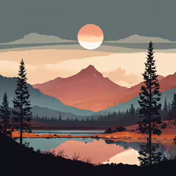 a painting of mountains and a lake with pine trees at sunset,a colorful landscape with trees, water and mountains