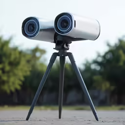 two white cameras are sitting on top of a tripod