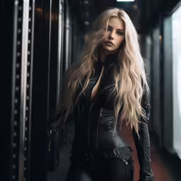 a woman in black leather clothes standing in a hallway,a woman wearing a black leather outfit and a pair of gloves