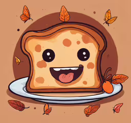 a cartoon toasted piece of bread is on a plate,a piece of bread with its face sticking out on it
