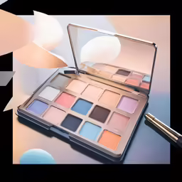 a makeup palette, brush and eye shadow
