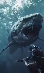 a man is holding a rifle standing next to a shark