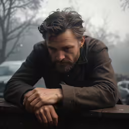 a man with his hands on a railing looking at the ground