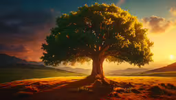 this is a painting of the setting sun above the horizon,a tree stands on the field at sunset