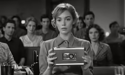 a woman holding up an electronic device in front of people