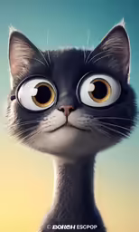 a black and white cat with large eyes