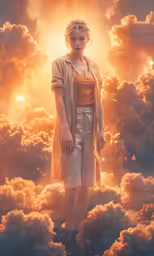 a girl standing on a cloud with a light shining