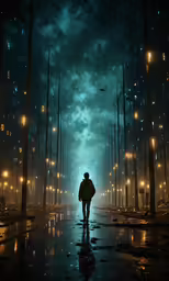a person in a city at night walking down a dark walkway